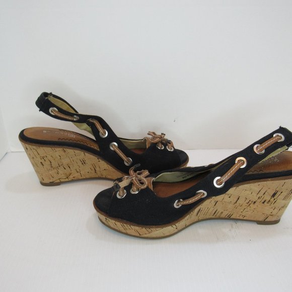 Sperry Black Wedge Sling Back Peep Toe Heels Sandals - Picture 6 of 10